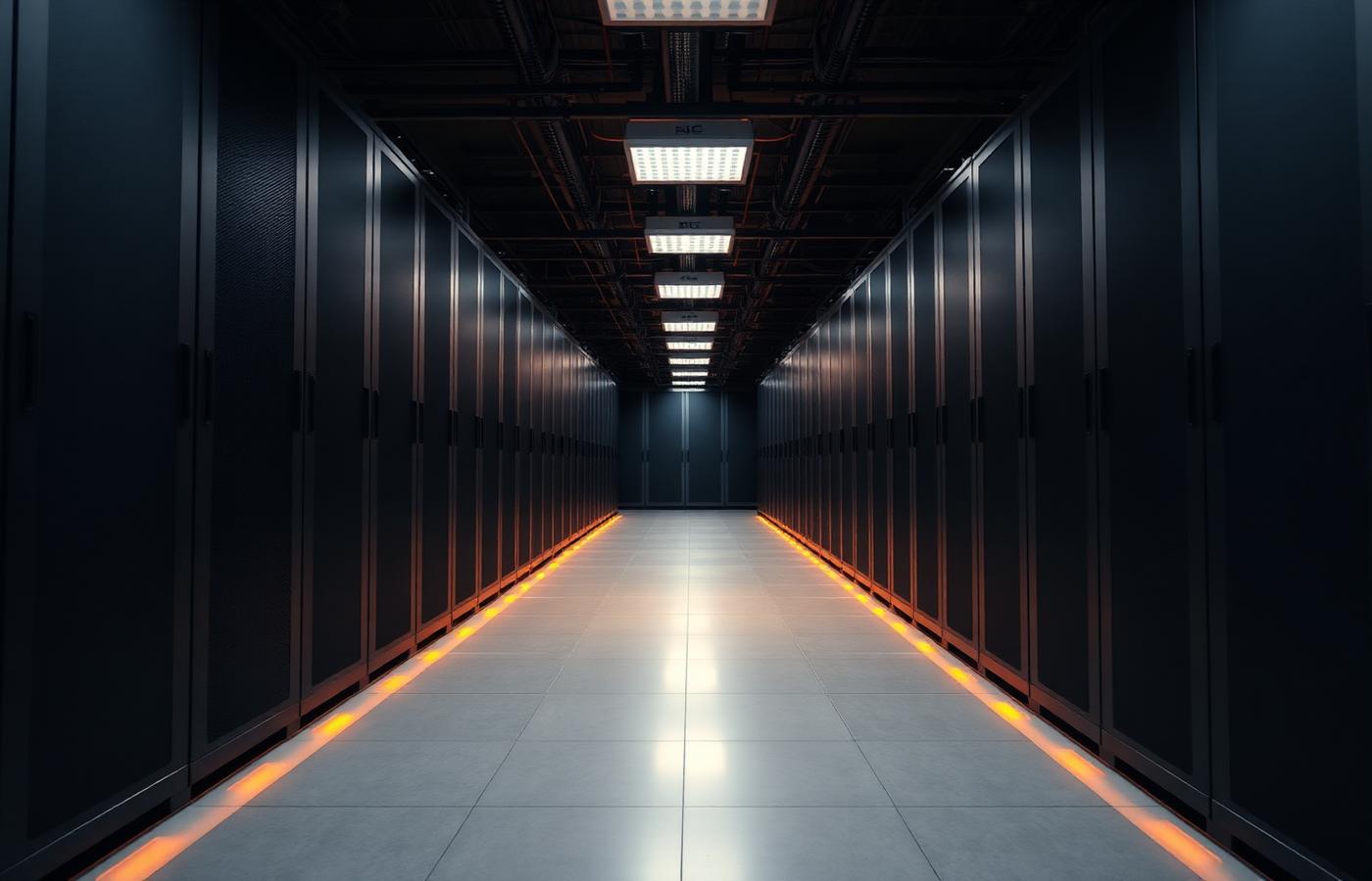 Aisle of dark server cabinets in a data centre lit by warm floor lighting