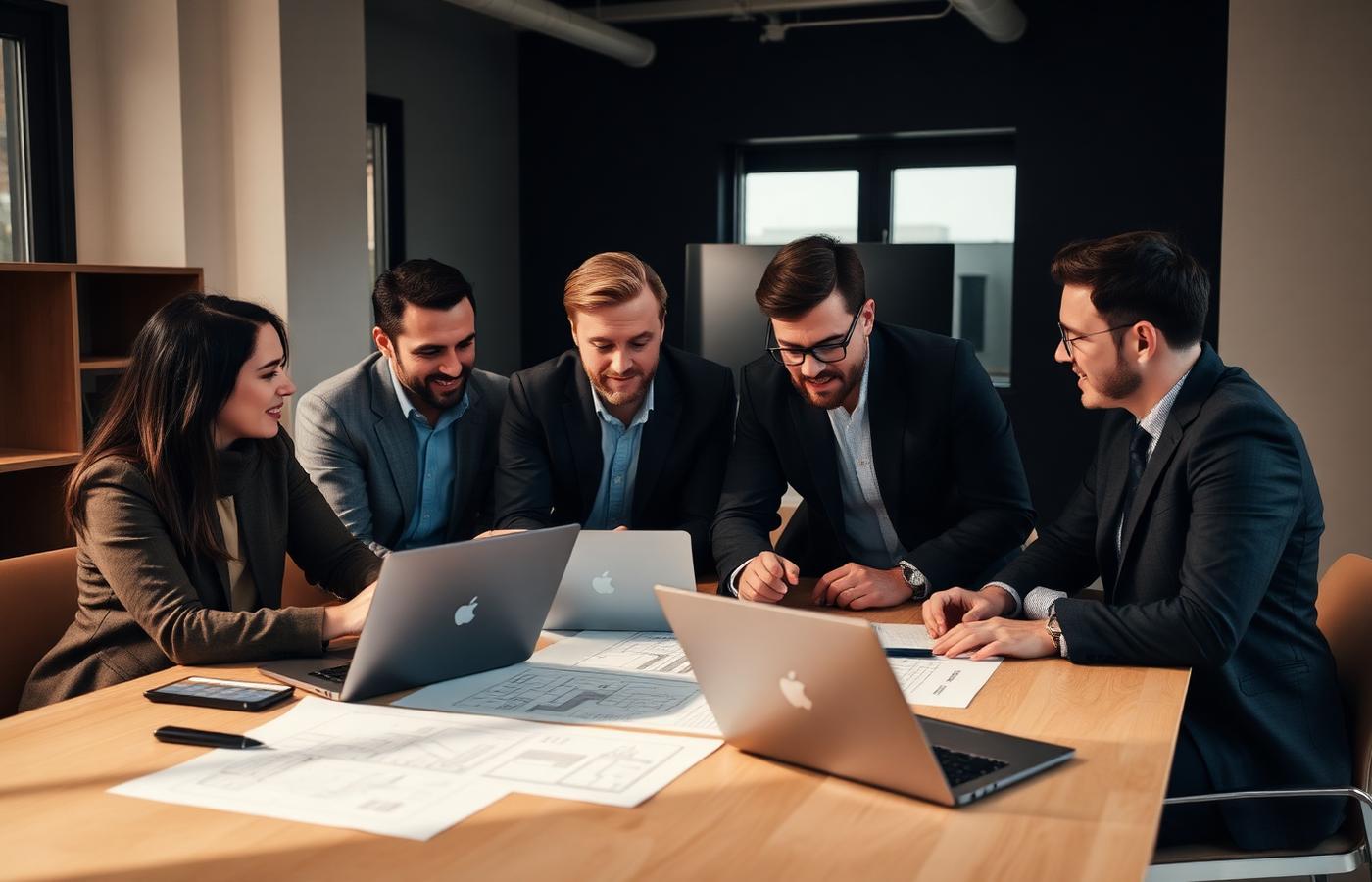 Technology consultants reviewing system architecture diagrams together at a table