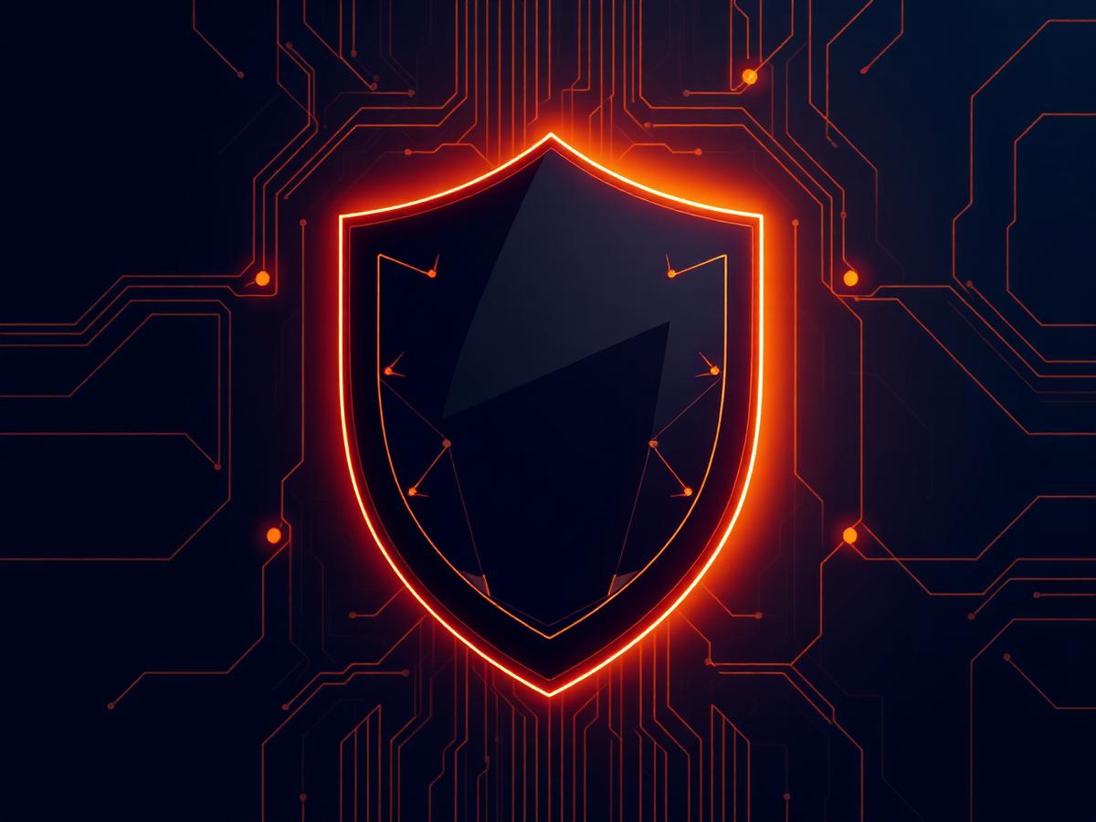 Abstract shield formed from dark geometric panels outlined in amber light