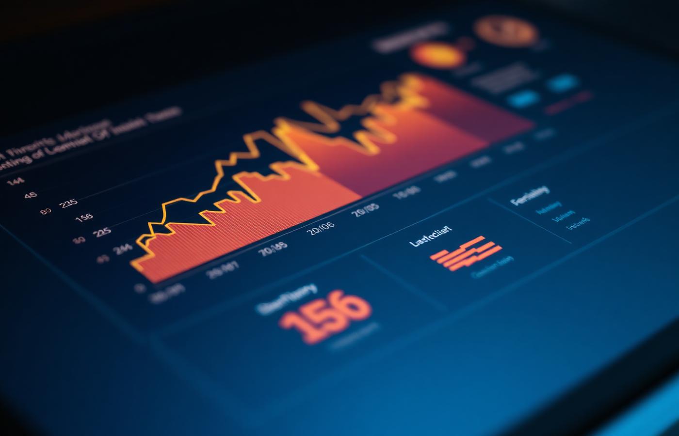 Analytics dashboard on a screen showing an amber trend line and summary figures