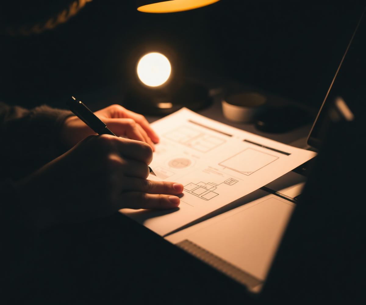 Engineer sketching interface wireframes on paper next to a laptop under a warm desk lamp