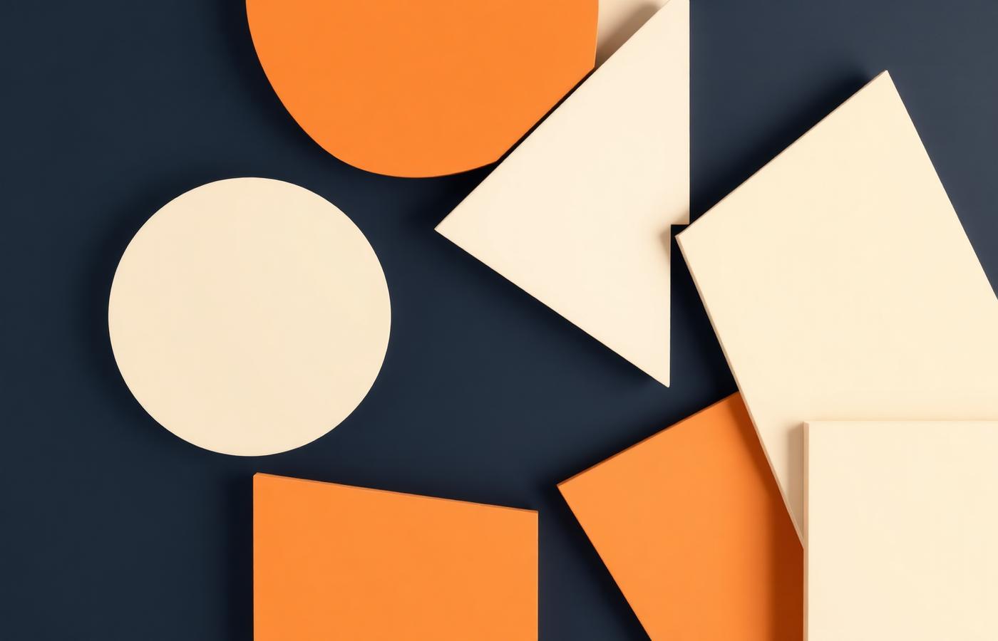 Overlapping cream and orange geometric panels on a navy surface representing connected systems